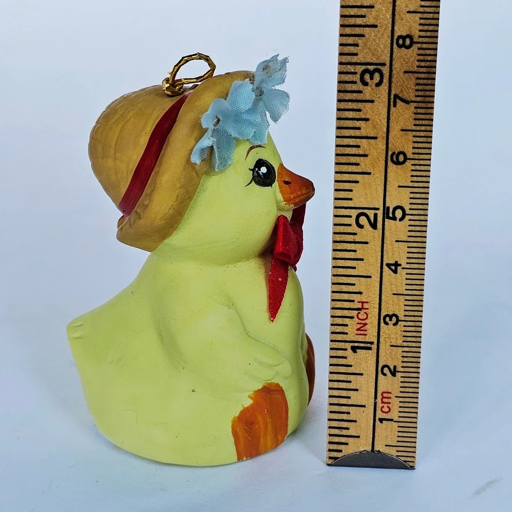 Vintage Yellow Duck Bell Straw Hat Flower Figurine Decor Kitsch Shabby Chic